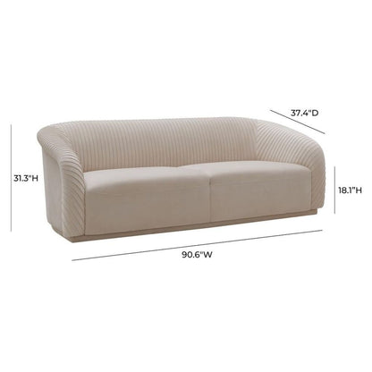 Beige Velvet 3 Seater Couch With Rolled Arms And Pleated Backrest Detail