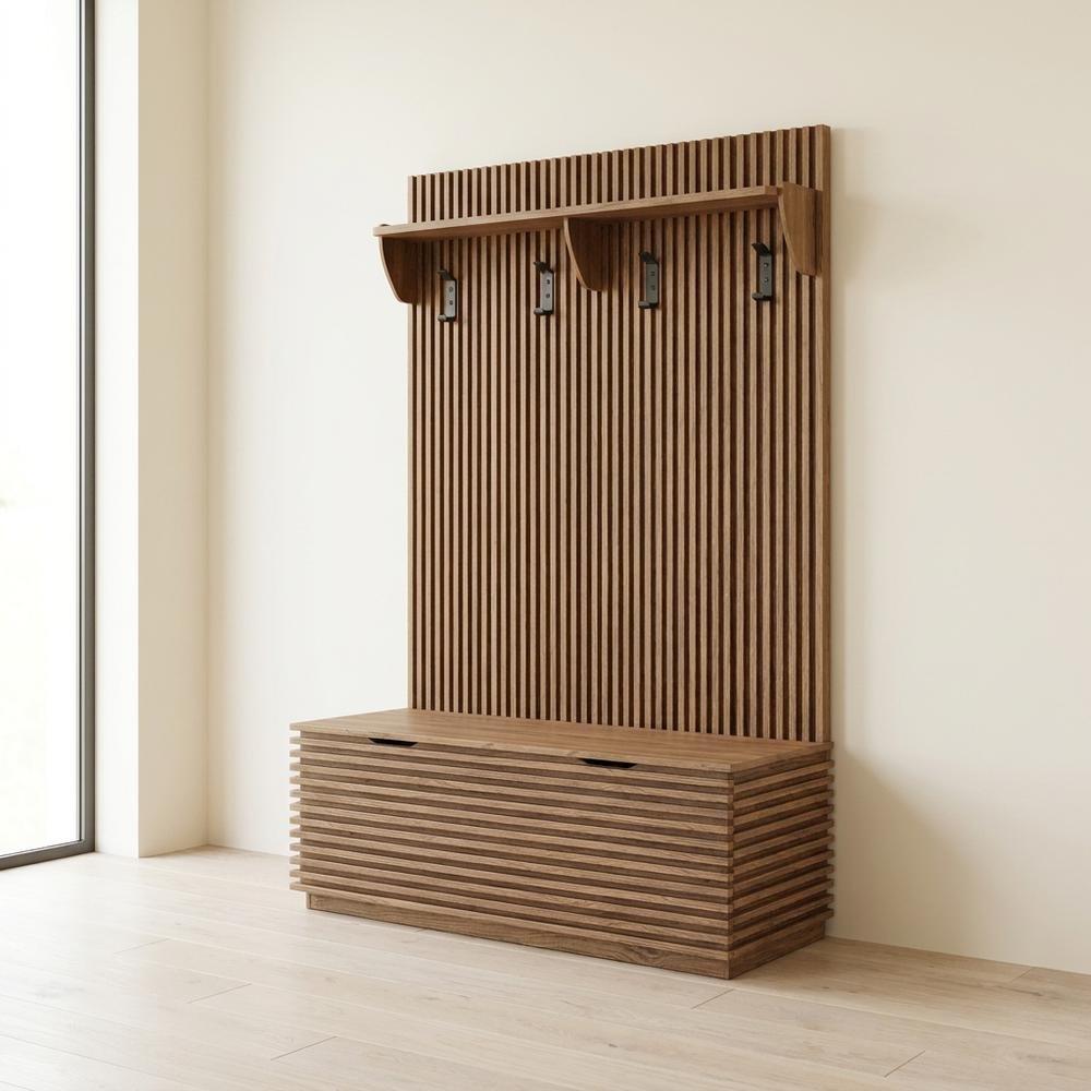Fluted Hall Tree with Storage Bench, Coat Rack & Shoe Storage, Entryway, Walnut