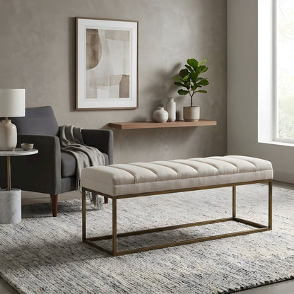 Fabric-Upholstered Dining Bench with Channel-Stitched Seat, Shortbread