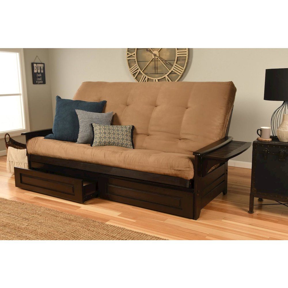 Phoenix Frame Queen-Espresso Finish-Suede Peat Mattress-Storage Drawers