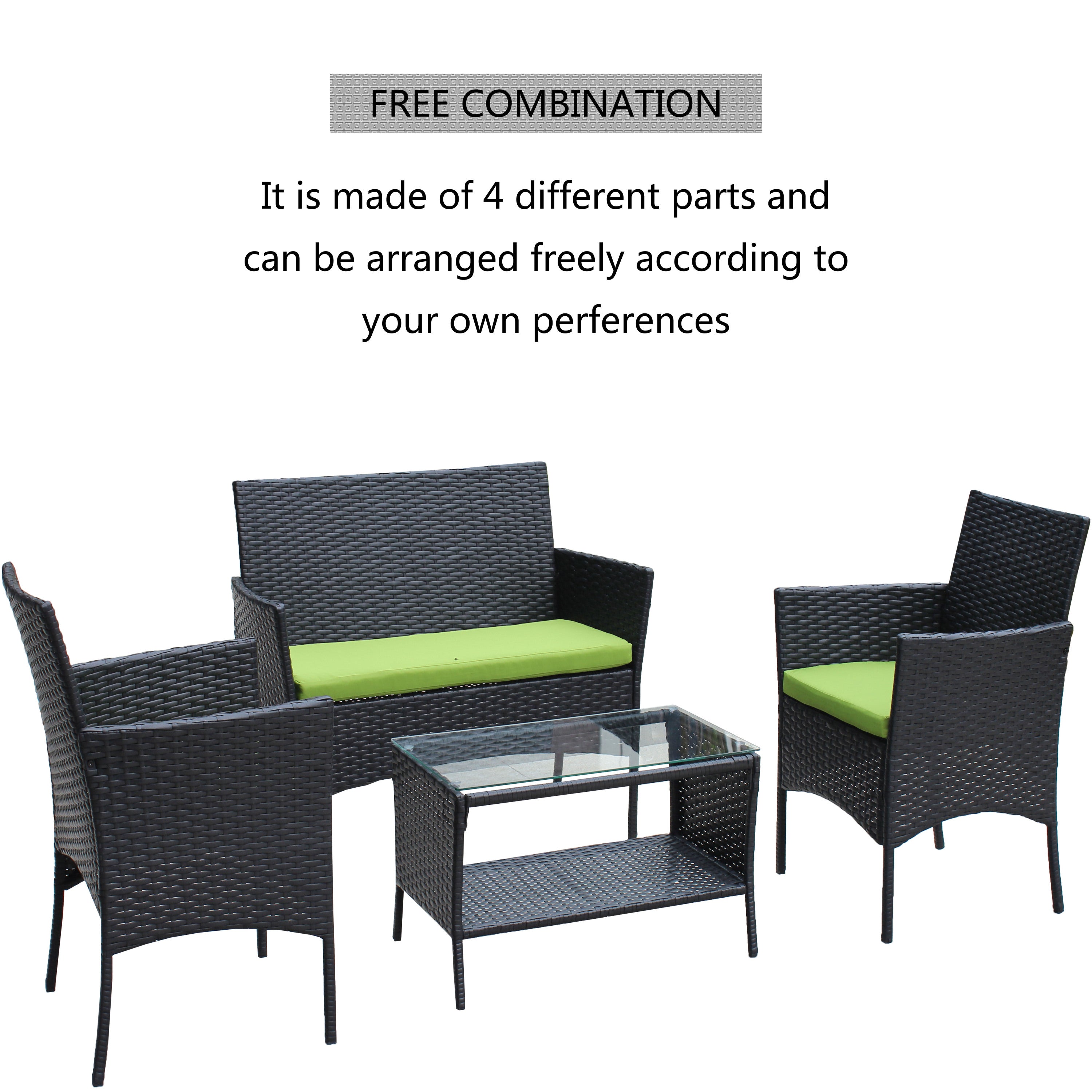 4 PC Rattan Patio Furniture Set Outdoor Patio Cushioned Seat Wicker Sofa (green Cushion)