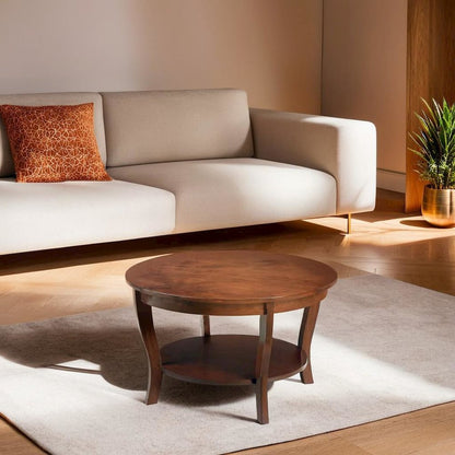 Brown Round Coffee Table with Lower Shelf for Stylish Living Room Storage