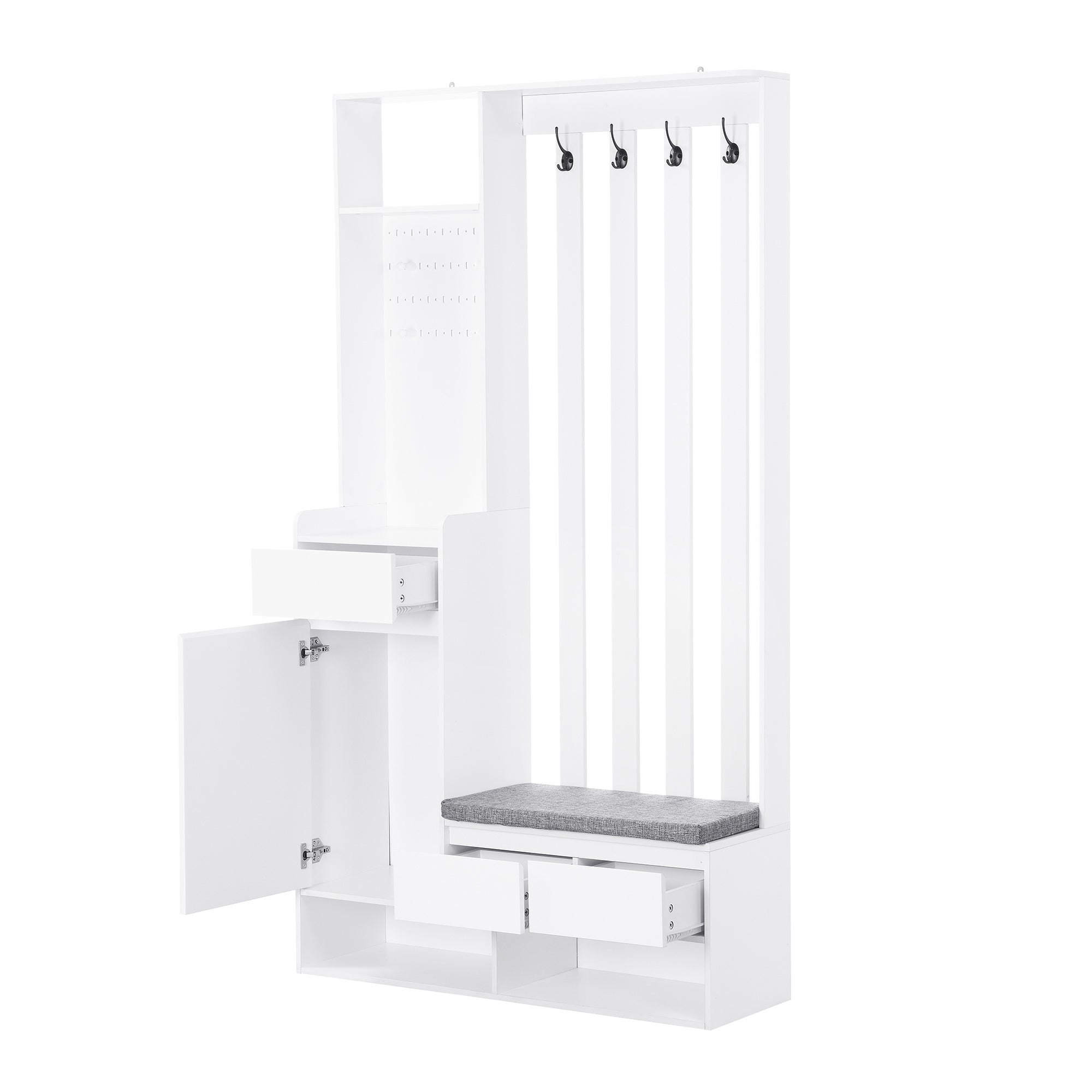 ON-TREND Contemporary 39.3''Wx70.8''H Hall Tree  Storage with Cushioned Storage Bench, Multifunctional Hallway Shoe Cabinet with Pegboard, Modern Coat Rack with 4 Hooks for Entryway, Mudroom, White