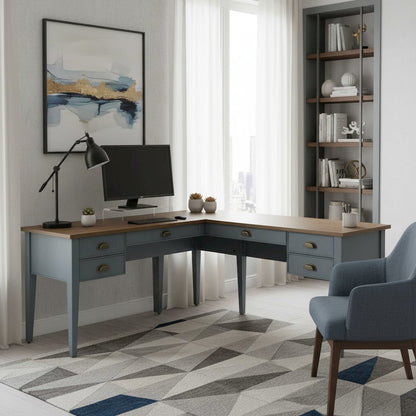 Wood Half-Pedestal Writing Desk and Return, 5 Drawers, Sit/Stand Return, Blue