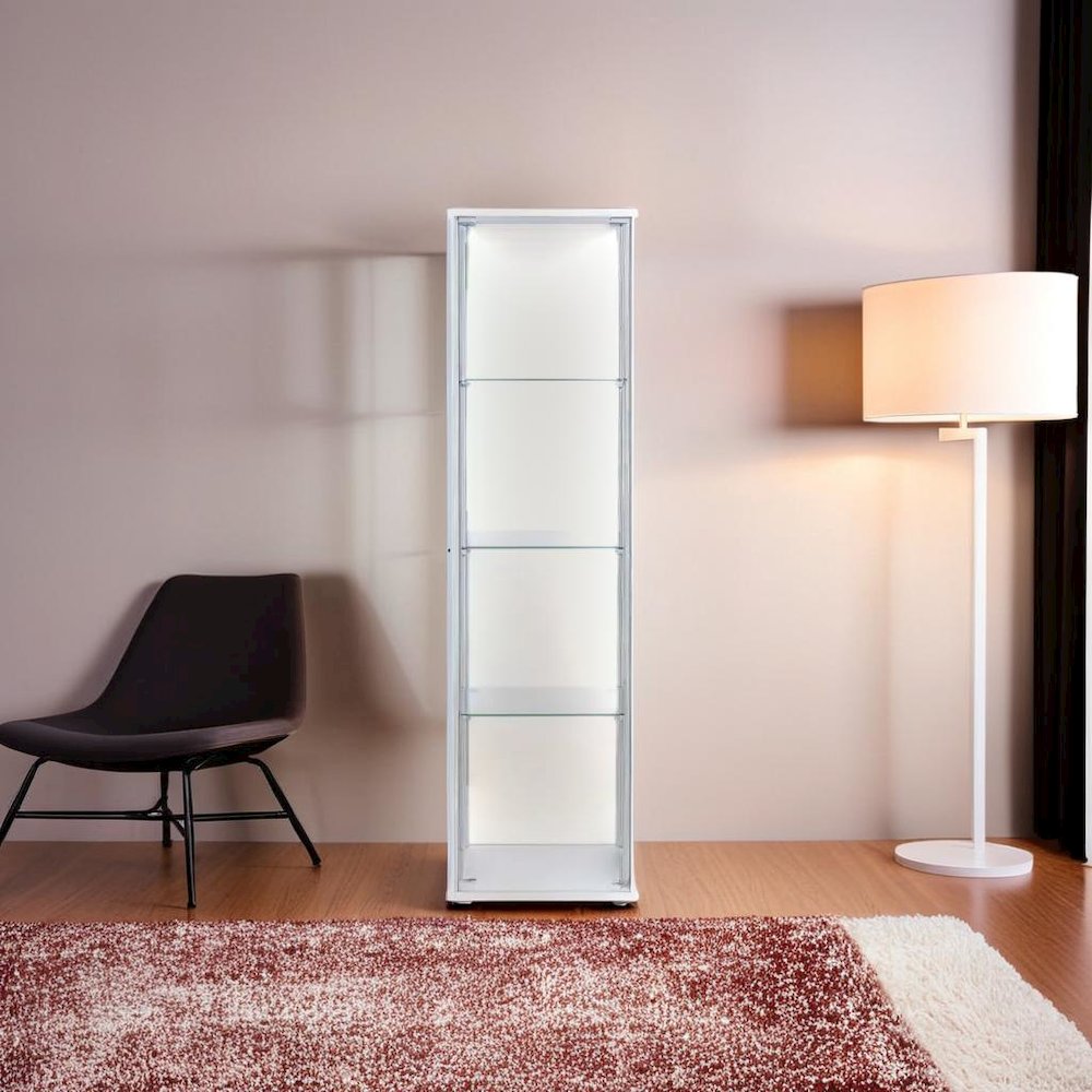 Elegant Rectangular Accent Cabinet with Four Shelves in White and Clear Glass