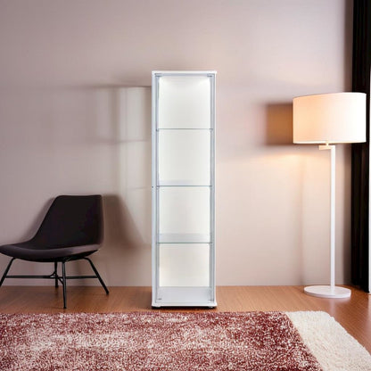 Elegant Rectangular Accent Cabinet with Four Shelves in White and Clear Glass