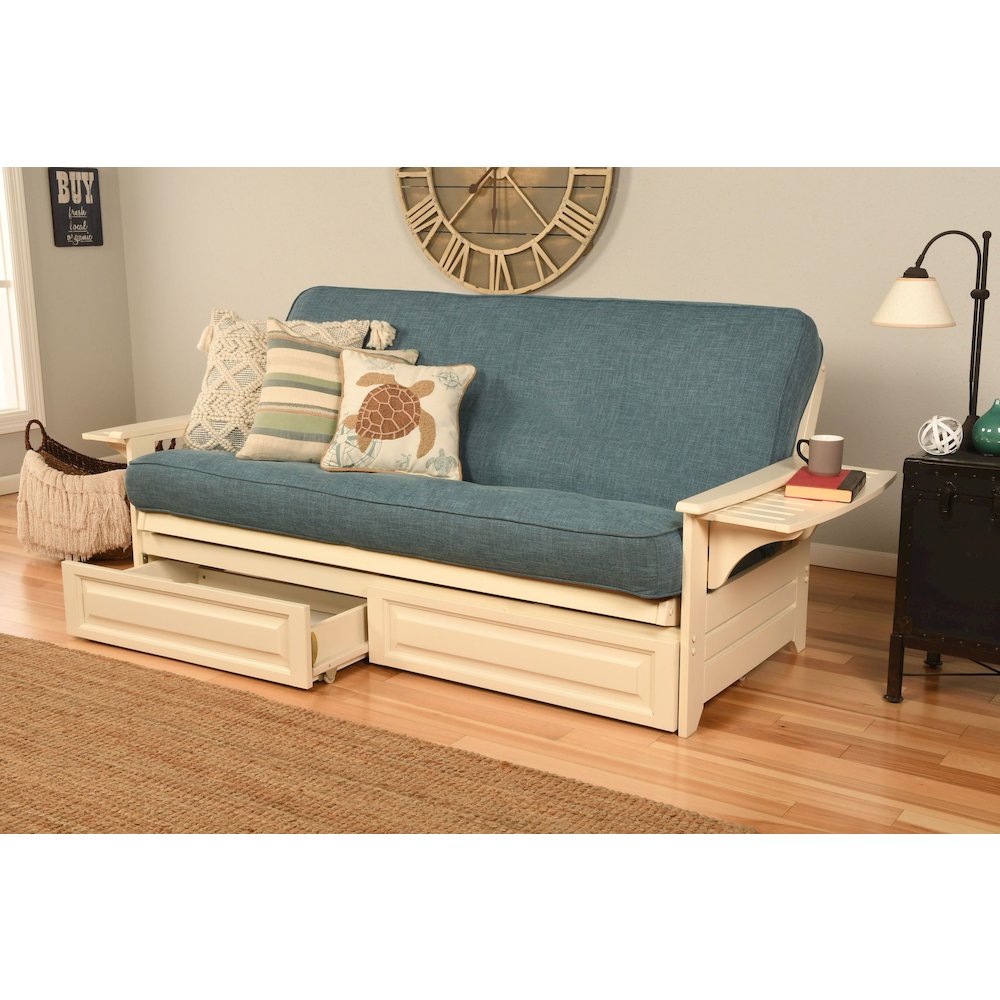 Phoenix Frame-Antique White Finish-Linen Aqua Mattress-Storage Drawers
