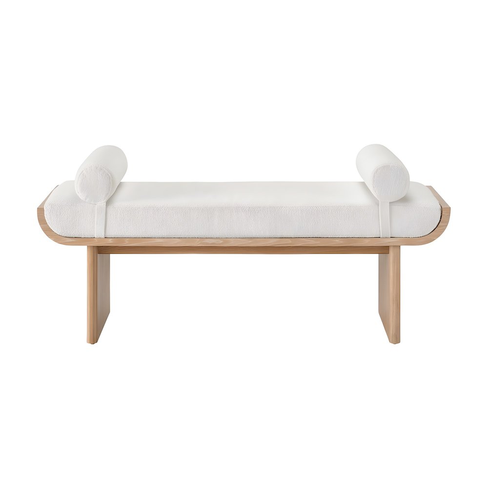 Polyester-Upholstered Bed Bench with Oak-Finished Frame and Removable Bolsters