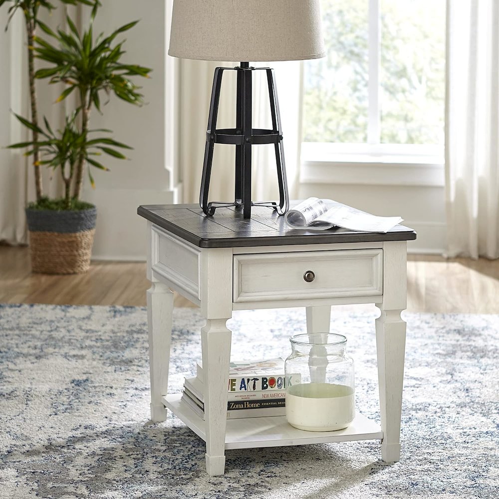 Allyson Park Drawer End Table in Wirebrushed White w/ Charcoal Top