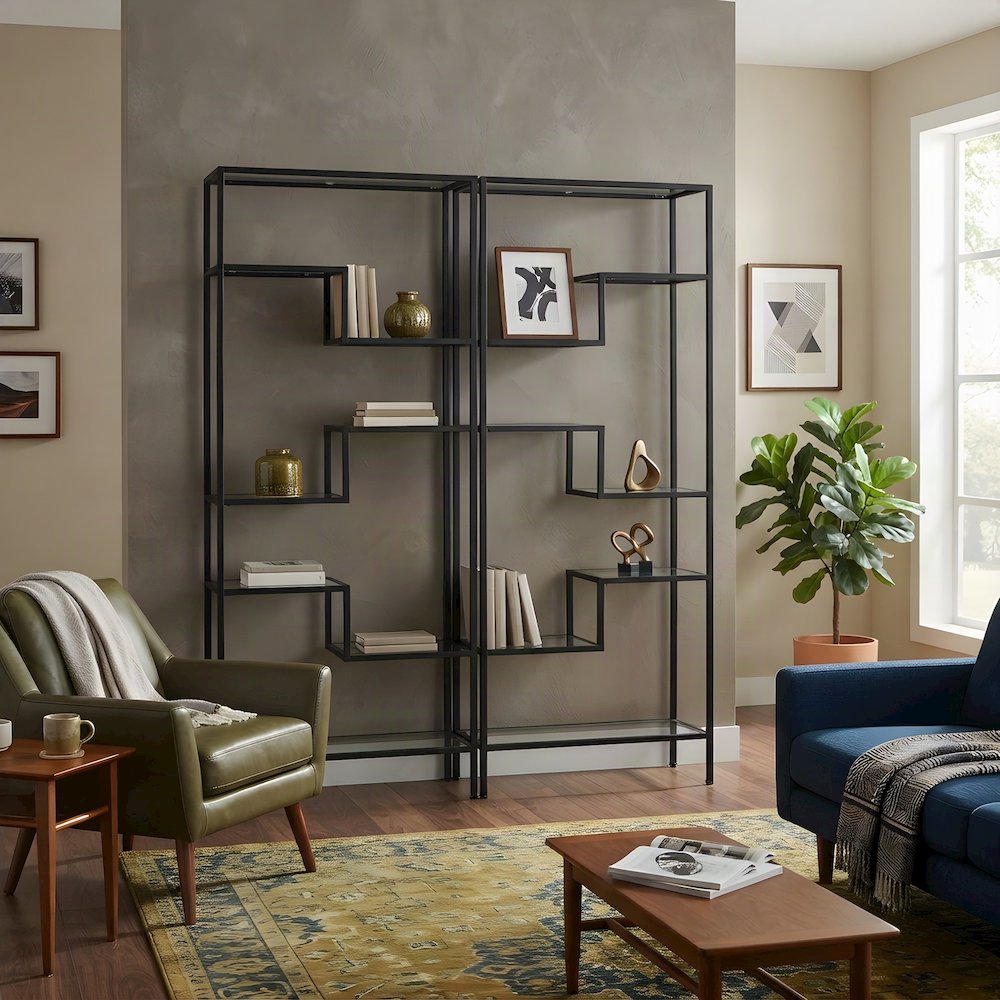 Steel Etagere Set with Tempered Glass Shelves, Matte Black, Set of 2