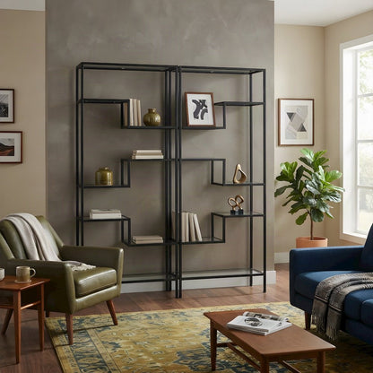 Steel Etagere Set with Tempered Glass Shelves, Matte Black, Set of 2