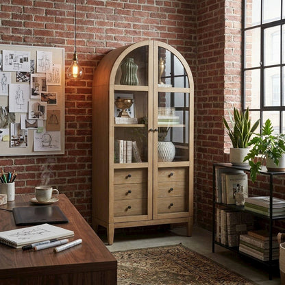 Wooden Arched Bookcase with Adjustable Shelves, Tall Console Bookcase for Home Office,Brown