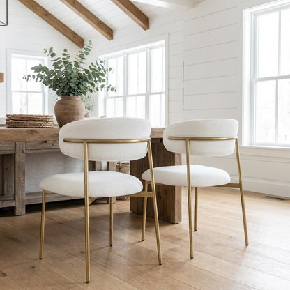 Brushed Gold Dining Chairs Set of 2 with Off-White Vegan Leather Upholstery