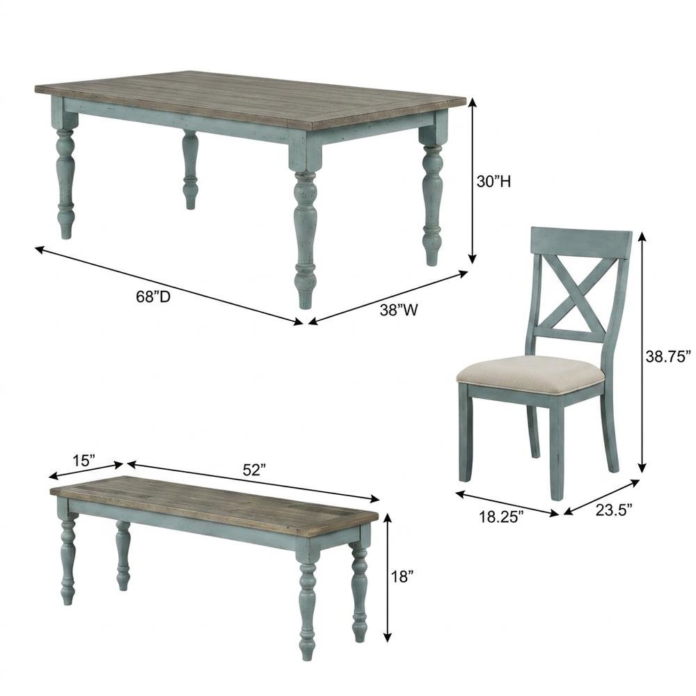 6-Piece Dining Table Set with Cross Back Chairs and Bench in Elegant Finish