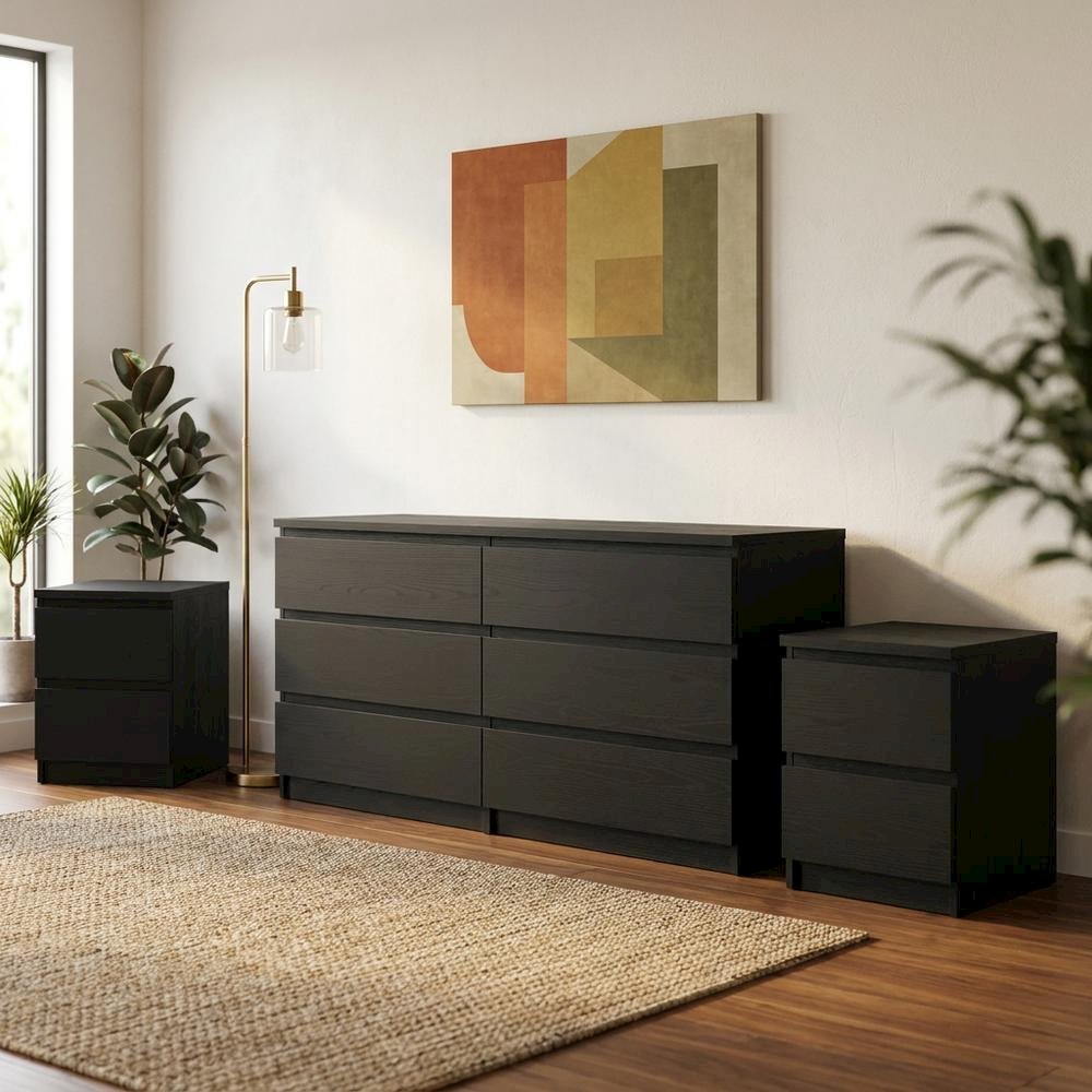 3 Piece Bedroom Set with Double Dresser and Nightstands in Classic Finish