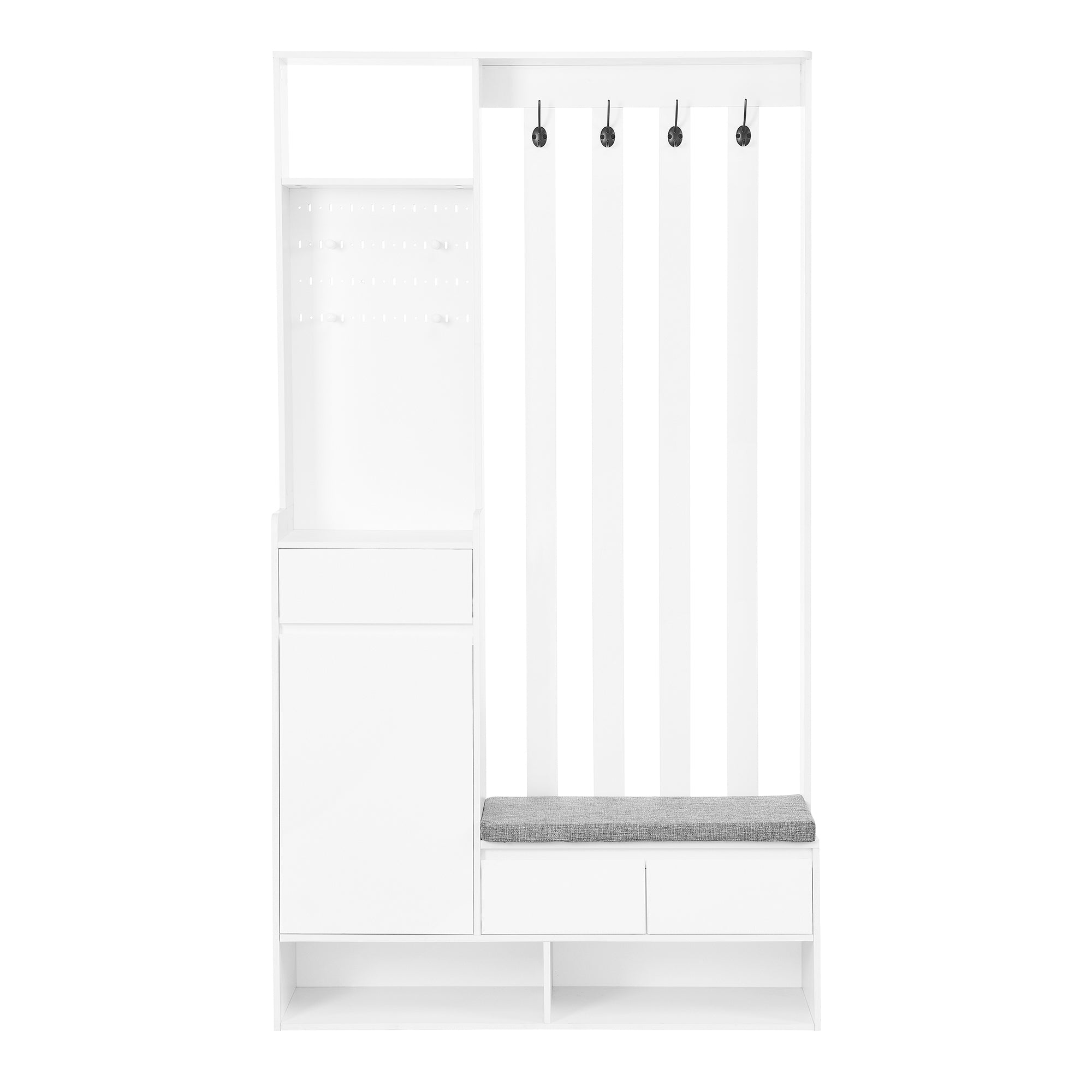 ON-TREND Contemporary 39.3''Wx70.8''H Hall Tree  Storage with Cushioned Storage Bench, Multifunctional Hallway Shoe Cabinet with Pegboard, Modern Coat Rack with 4 Hooks for Entryway, Mudroom, White