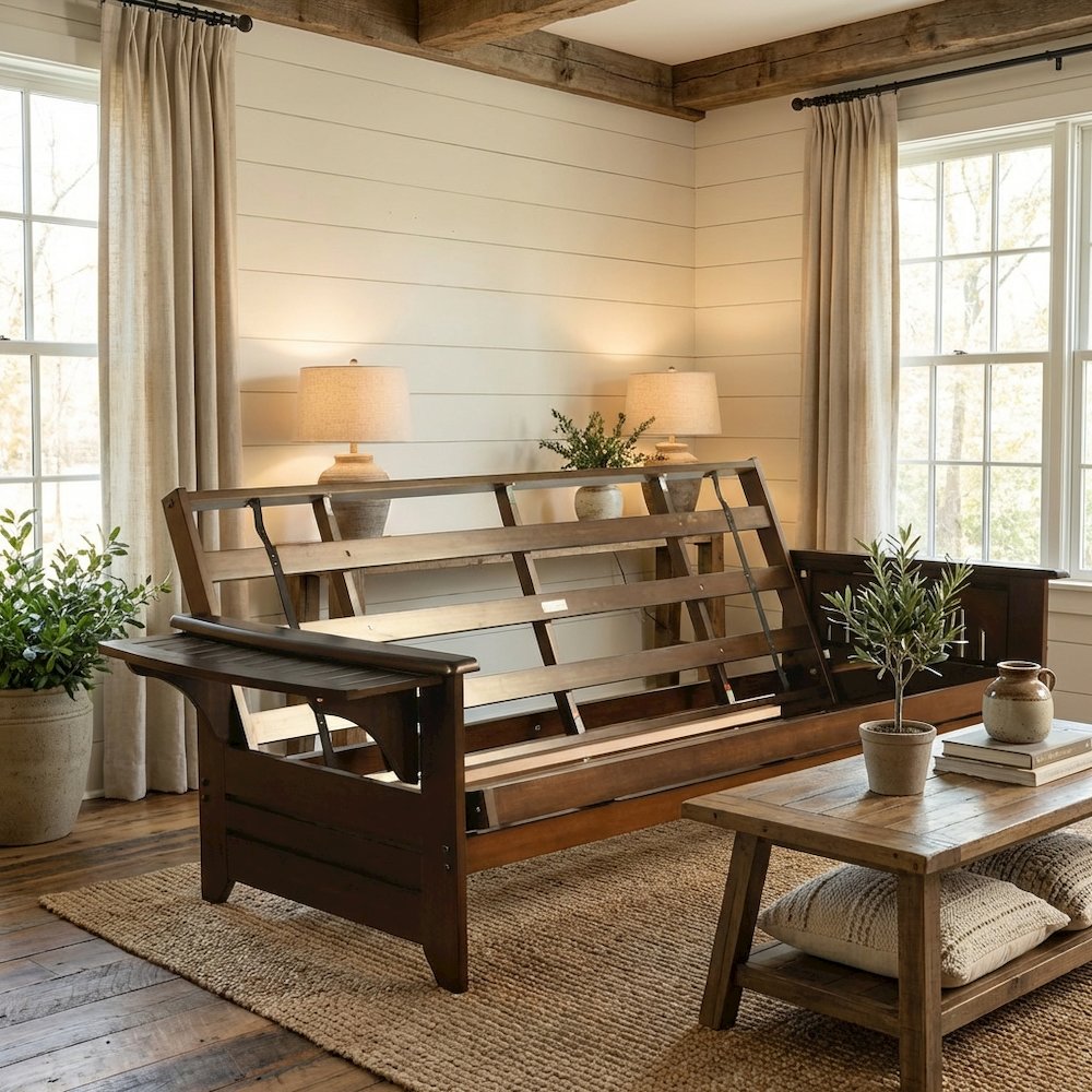 Espresso Color Futon with Sturdy Frame and Large Sleeping Area