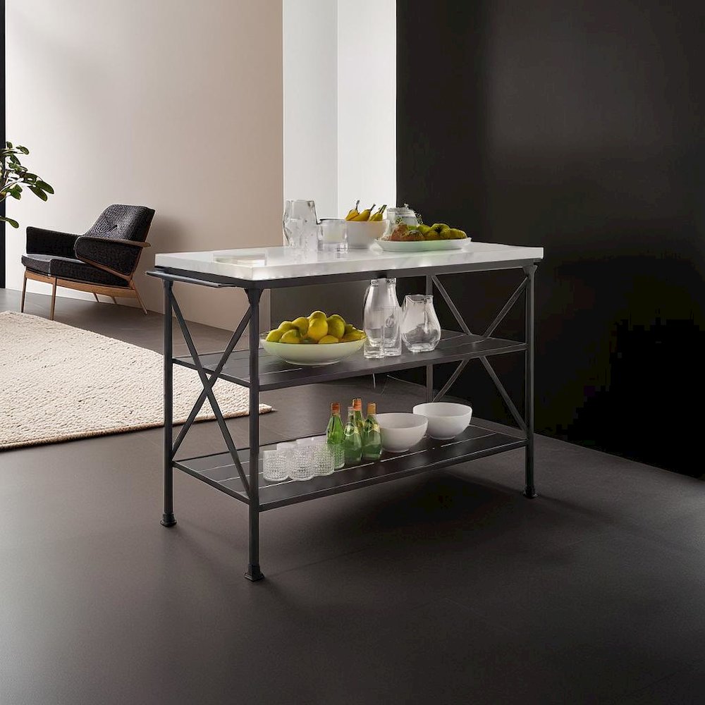 Elegant White Marble Kitchen Island with Sturdy Matte Black Steel Base