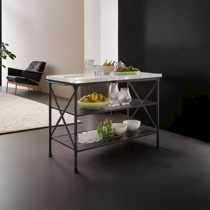 Elegant White Marble Kitchen Island with Sturdy Matte Black Steel Base