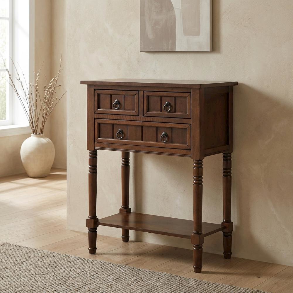 Entryway Hall Table, Espresso, 3 Drawers, 2 Shelves