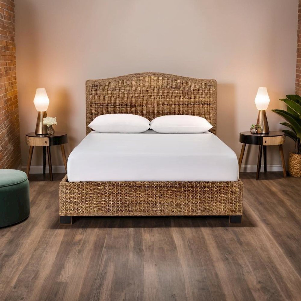 Charming Queen Bed Frame with Arched Headboard and Natural Brown Finish