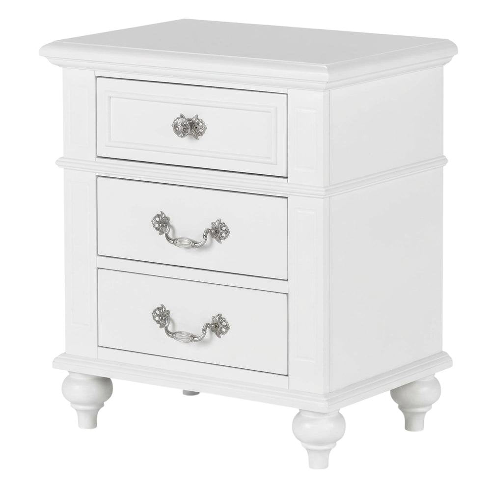 Elegant White Nightstand with Three Drawers for Bedroom Storage
