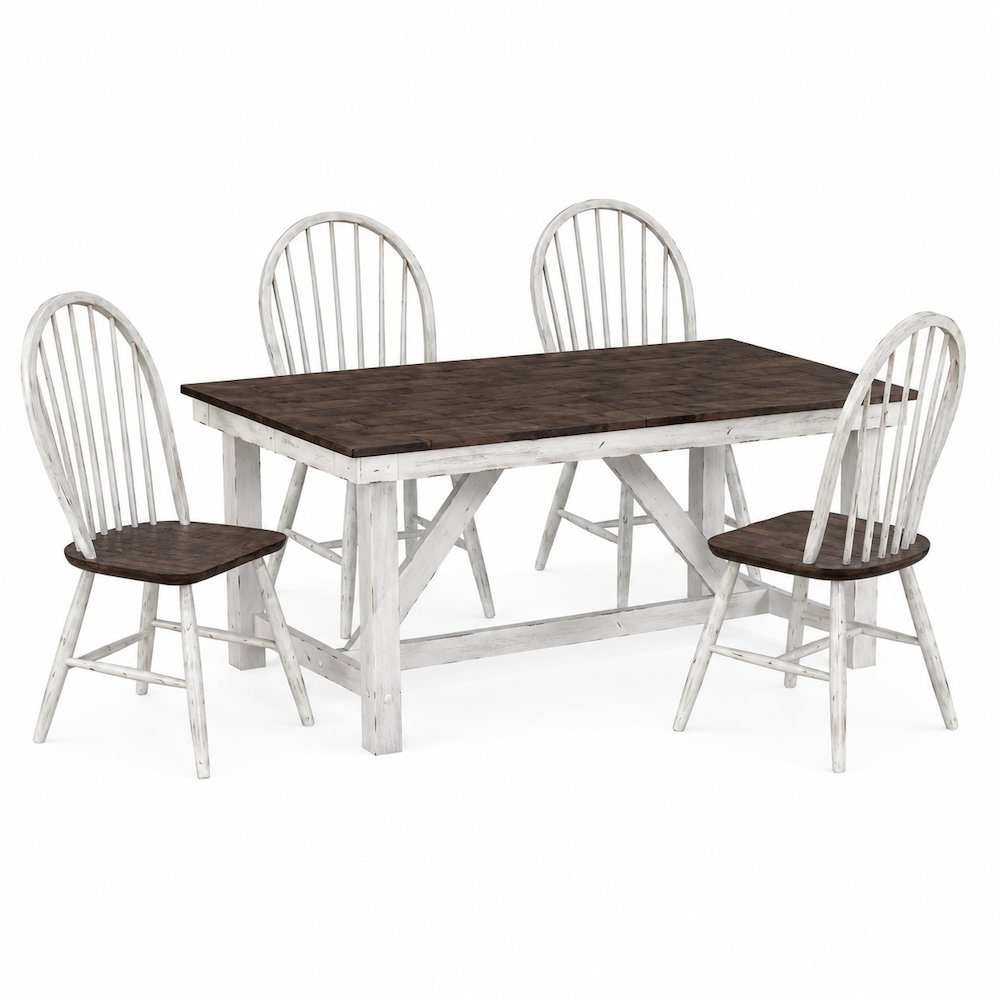 Farmhouse Optional 5 Piece Trestle Table Set in Two Tone White w/ Wood Tone Top