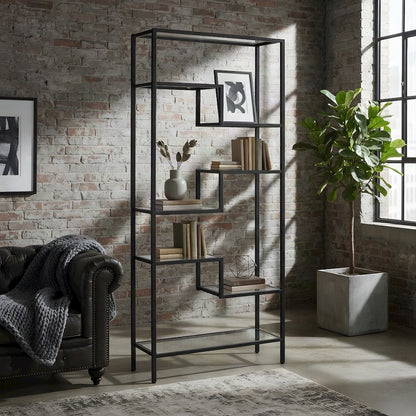 Steel Etagere with Seven Tempered Glass Shelves, Art Deco, Matte Black