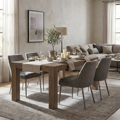 Solid Acacia Rectangular Dining Table with Trestle Base, Brushed Smoke