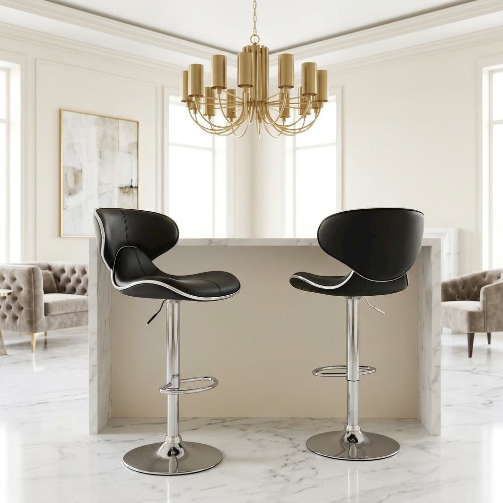 Black Leatherette Adjustable Swivel Barstool with Chrome Base, Set of 2