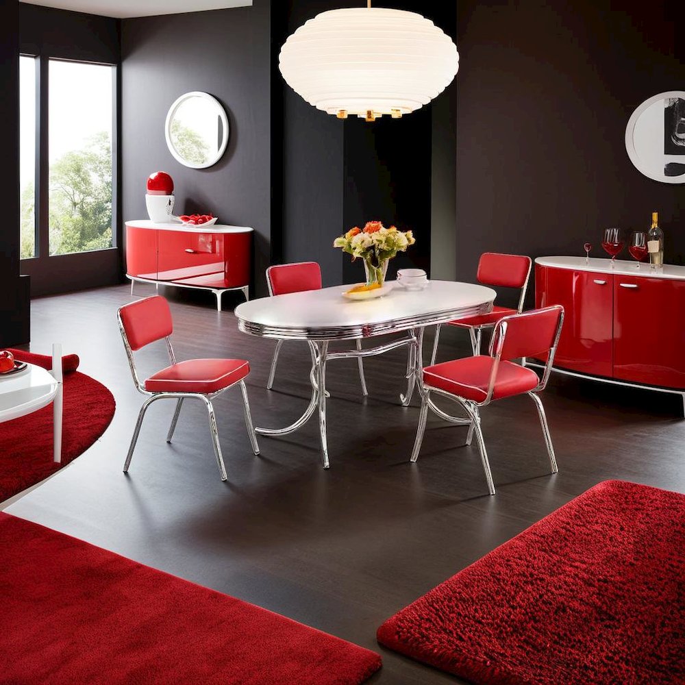 Elegant Oval Dining Set Featuring 5 Pieces in Glossy White and Red Finish
