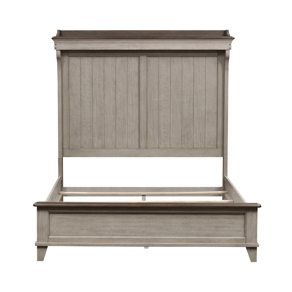 Ivy Hollow Queen Mantle Bed in Weathered Linen Finish w/ Dusty Taupe Tops
