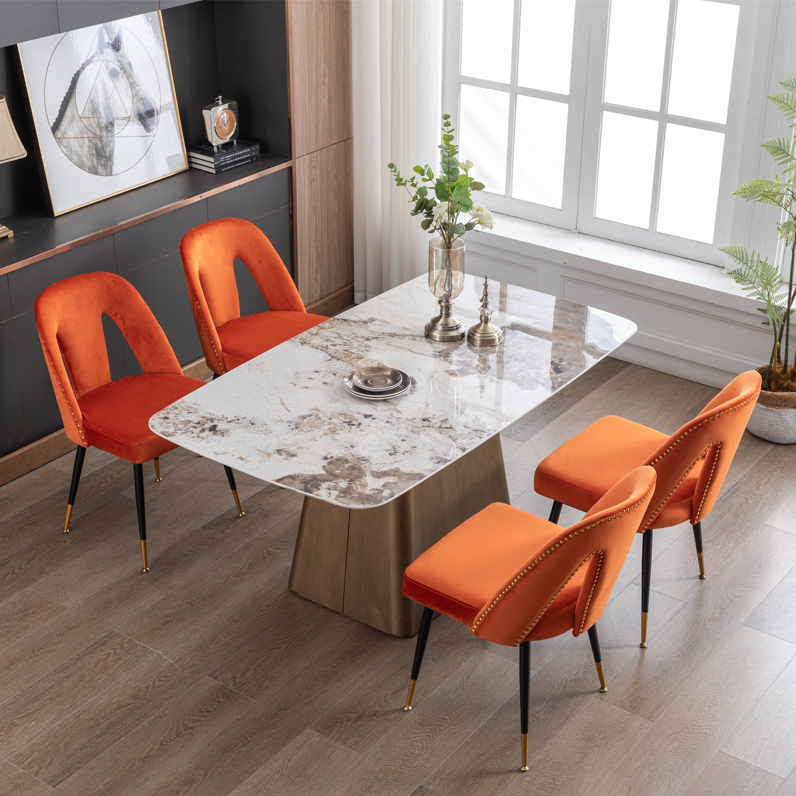 A&A Furniture,Akoya Collection Modern | Contemporary Velvet Upholstered Dining Chair with Nailheads and Gold Tipped Black Metal Legs, Orange，Set of 2