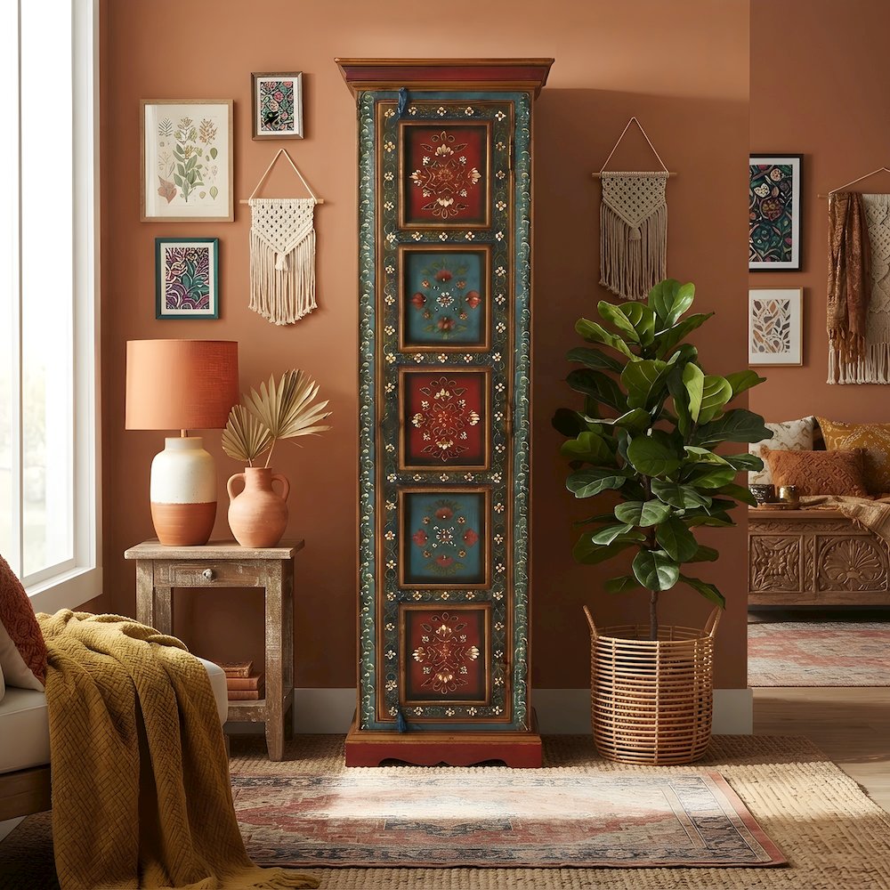 Hand Painted Tall Storage Cabinet, Boho Eclectic Accent Cabinet for Living Room