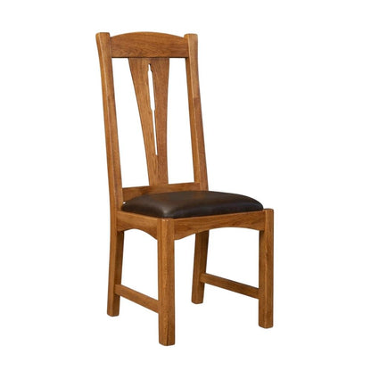 Set of 2 distressed amber wood side chairs with top grain leather seats