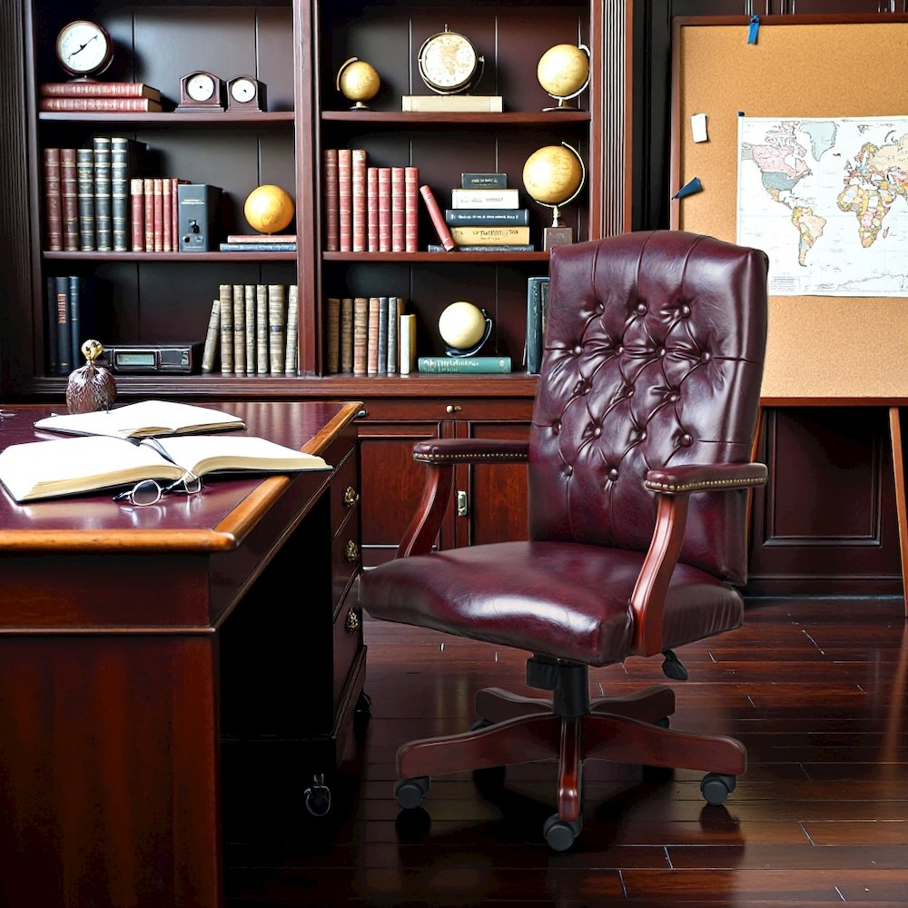 Tufted Executive Desk Chair in Burgundy Faux Leather With Mahogany Base