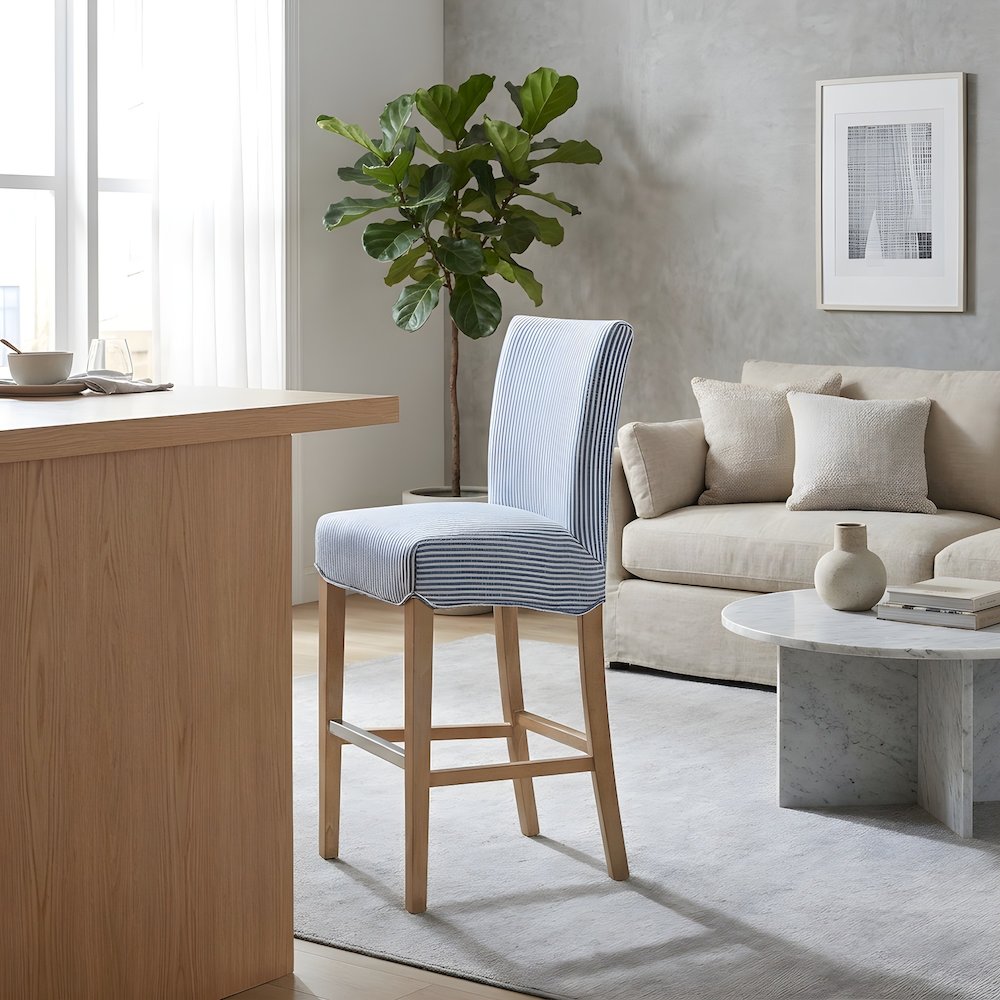 Fabric-Upholstered Bucket Seat Counter Stool with Birch Legs, Blue Stripes