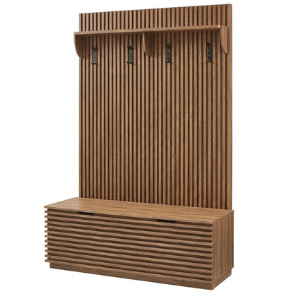 Fluted Hall Tree with Storage Bench, Coat Rack & Shoe Storage, Entryway, Walnut
