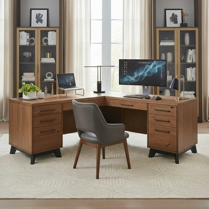 Modern L-Desk Return, Utility & Locking File Drawers, Brown