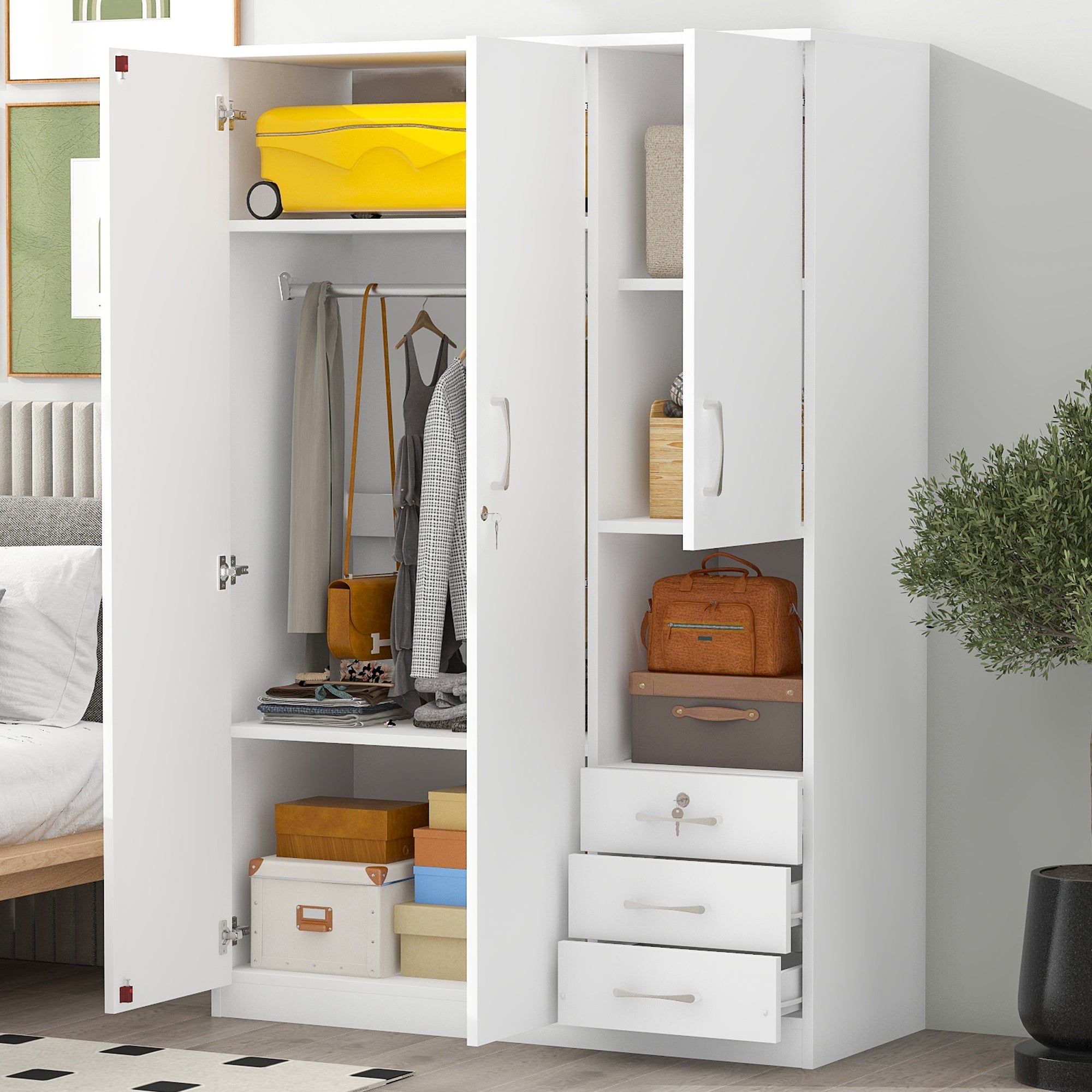 2-Doors Wooden Wardrobe Storage for Bedroom, with Shelves and 3 Drawers, White