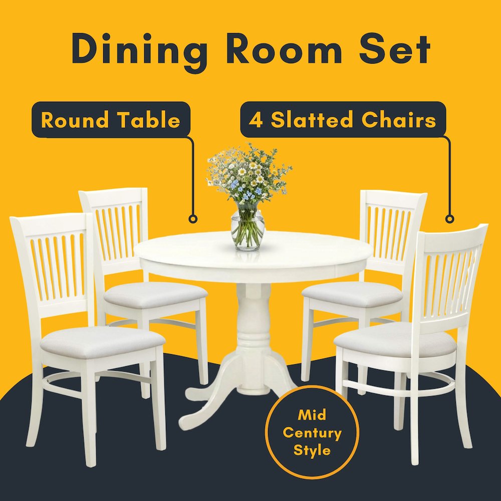 White Solid Wood 5 Pc Breakfast Nook Table Set, Chairs for Kitchen