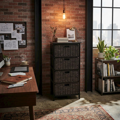 Tall Storage Rack, 4-Tier Shelf, Four Foldable Baskets, Cabinet