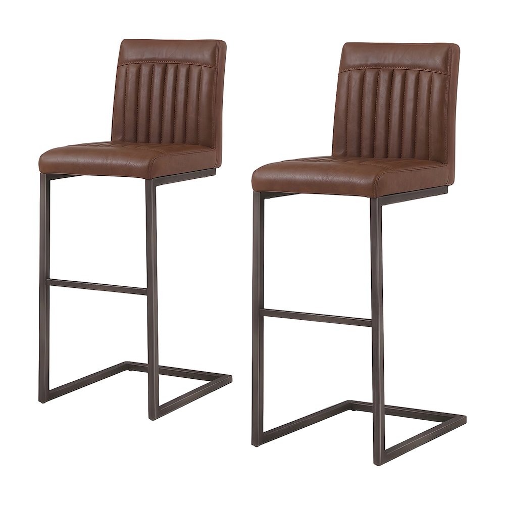 PU-Upholstered Bar Stools with Channel-Tufted Seat, Cigar Brown, Set of 2