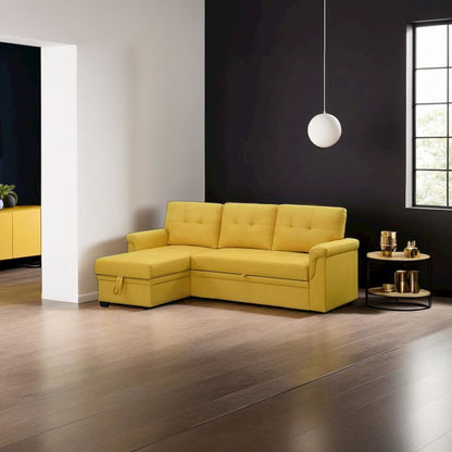 Elegant Yellow Linen Reversible Sleeper Sectional Sofa with Storage Chaise