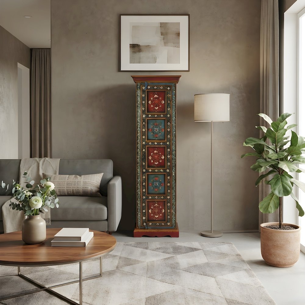 Hand Painted Tall Storage Cabinet, Boho Eclectic Accent Cabinet for Living Room