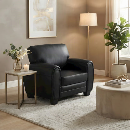Faux Leather Accent Chair with Padded Seat and Arms for Bedroom, Black