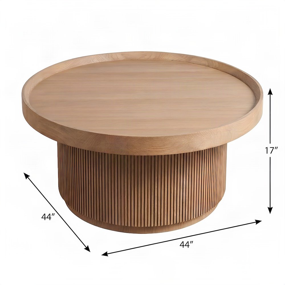 Veneer Round Coffee Table with Tambour-Wrapped Base and Casters, Natural Oak