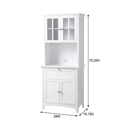 Metal and wood buffet with framed glass doors and drawer for stylish storage