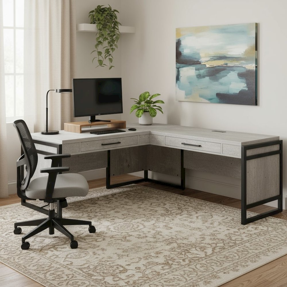 Open L-Desk & Return, Pencil Drawers, Power Center, Gray