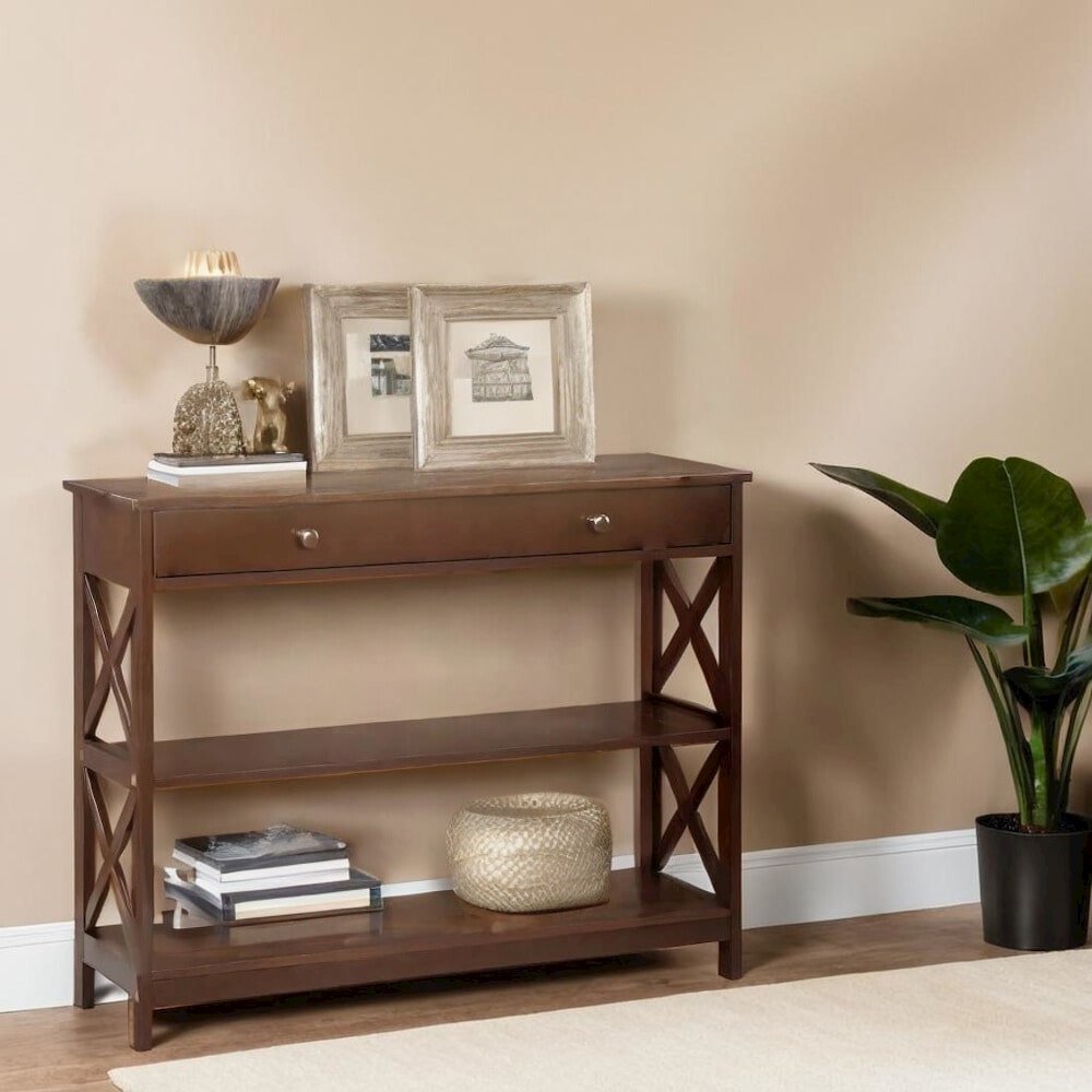 Brown Console Table with 1 Drawer and Shelves, MDF Construction for Storage